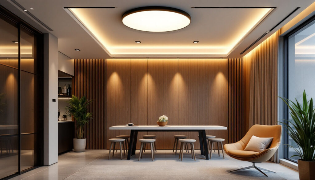 A photograph of a well-designed interior space featuring modern led ceiling lighting
