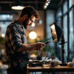 A photograph of a skilled lighting contractor at work