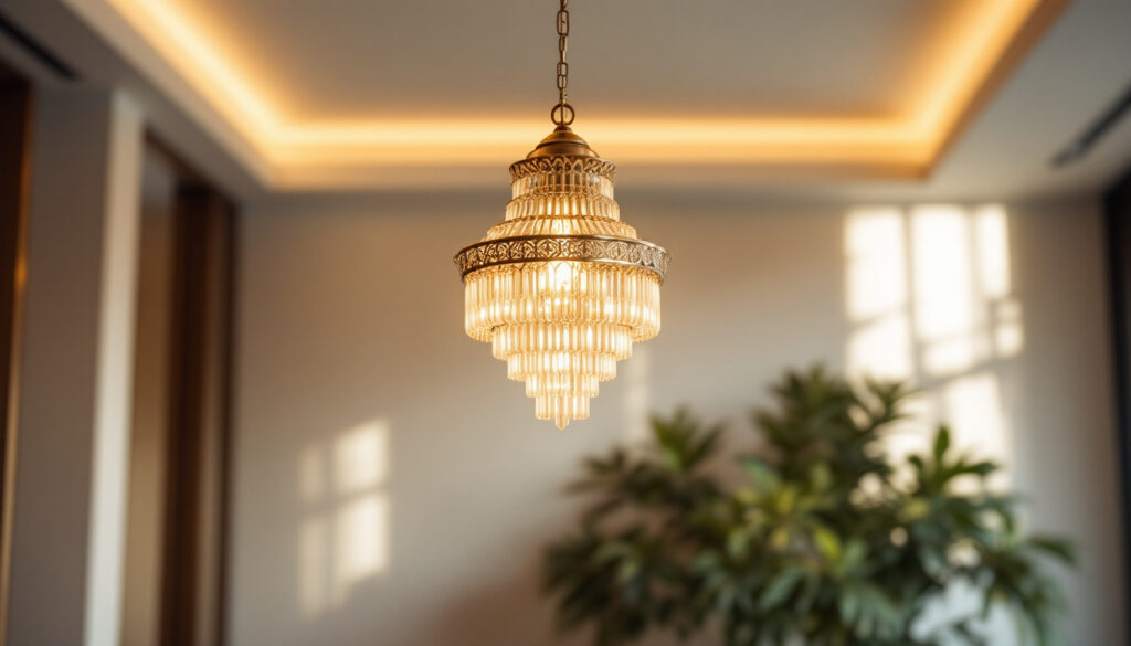 A photograph of a beautifully designed suspension chandelier hanging elegantly in a well-lit