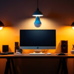 A photograph of a well-lit workspace showcasing three distinct lighting setups with 4000k