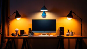 A photograph of a well-lit workspace showcasing three distinct lighting setups with 4000k