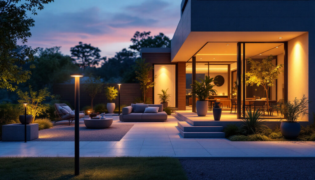 A photograph of a beautifully illuminated outdoor space showcasing various led exterior lighting fixtures in use