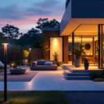 A photograph of a beautifully illuminated outdoor space showcasing various led exterior lighting fixtures in use