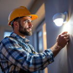 A photograph of a skilled lighting contractor installing or adjusting motion sensor lights in a residential or commercial setting