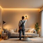 A photograph of a lighting contractor in action