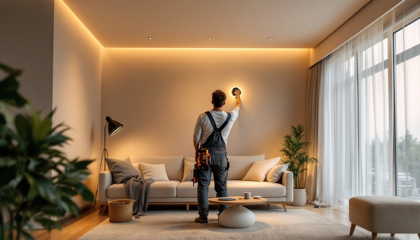 A photograph of a lighting contractor in action