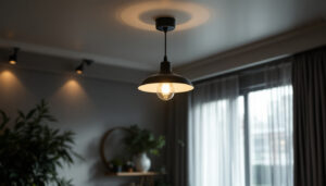 A photograph of a well-designed ceiling light fixture in a stylish interior setting