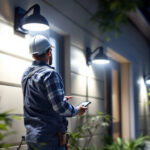A photograph of a well-lit outdoor space showcasing motion detector lights in action