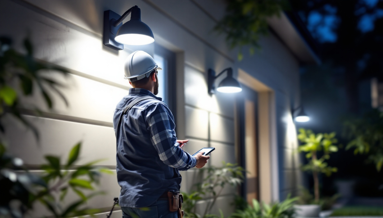 A photograph of a well-lit outdoor space showcasing motion detector lights in action