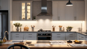 A photograph of a beautifully designed kitchen showcasing various styles of under-cabinet lighting