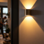 A photograph of a stylish low voltage uplight sconce installed in a modern interior setting