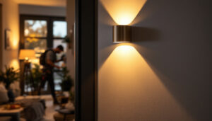 A photograph of a stylish low voltage uplight sconce installed in a modern interior setting