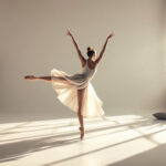 A photograph of a ballet dancer gracefully performing in a well-lit studio with a clean white background