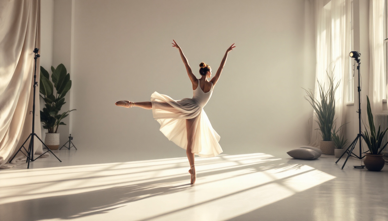 A photograph of a ballet dancer gracefully performing in a well-lit studio with a clean white background