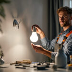 A photograph of a smart lighting contractor skillfully installing a standard light bulb in a modern home setting