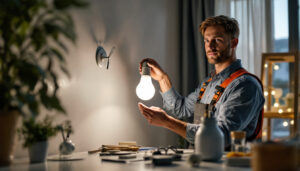 A photograph of a smart lighting contractor skillfully installing a standard light bulb in a modern home setting
