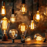 A photograph of a beautifully arranged display of vintage light bulbs in various shapes and sizes