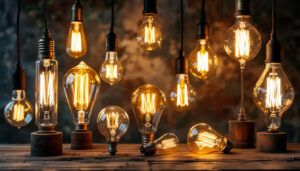 A photograph of a beautifully arranged display of vintage light bulbs in various shapes and sizes