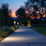 A photograph of a well-lit outdoor area at dusk featuring motion detector lights in action