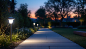A photograph of a well-lit outdoor area at dusk featuring motion detector lights in action