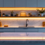 A photograph of a beautifully illuminated kitchen featuring under counter lights