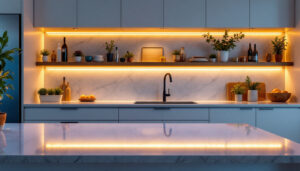 A photograph of a beautifully illuminated kitchen featuring under counter lights