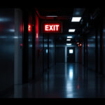 A photograph of a modern emergency exit sign illuminated in a dimly lit corridor