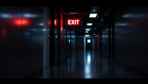 A photograph of a modern emergency exit sign illuminated in a dimly lit corridor