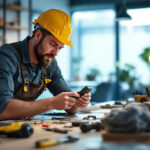 A photograph of a skilled lighting contractor installing or inspecting a modern electric socket in a well-lit