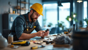 A photograph of a skilled lighting contractor installing or inspecting a modern electric socket in a well-lit
