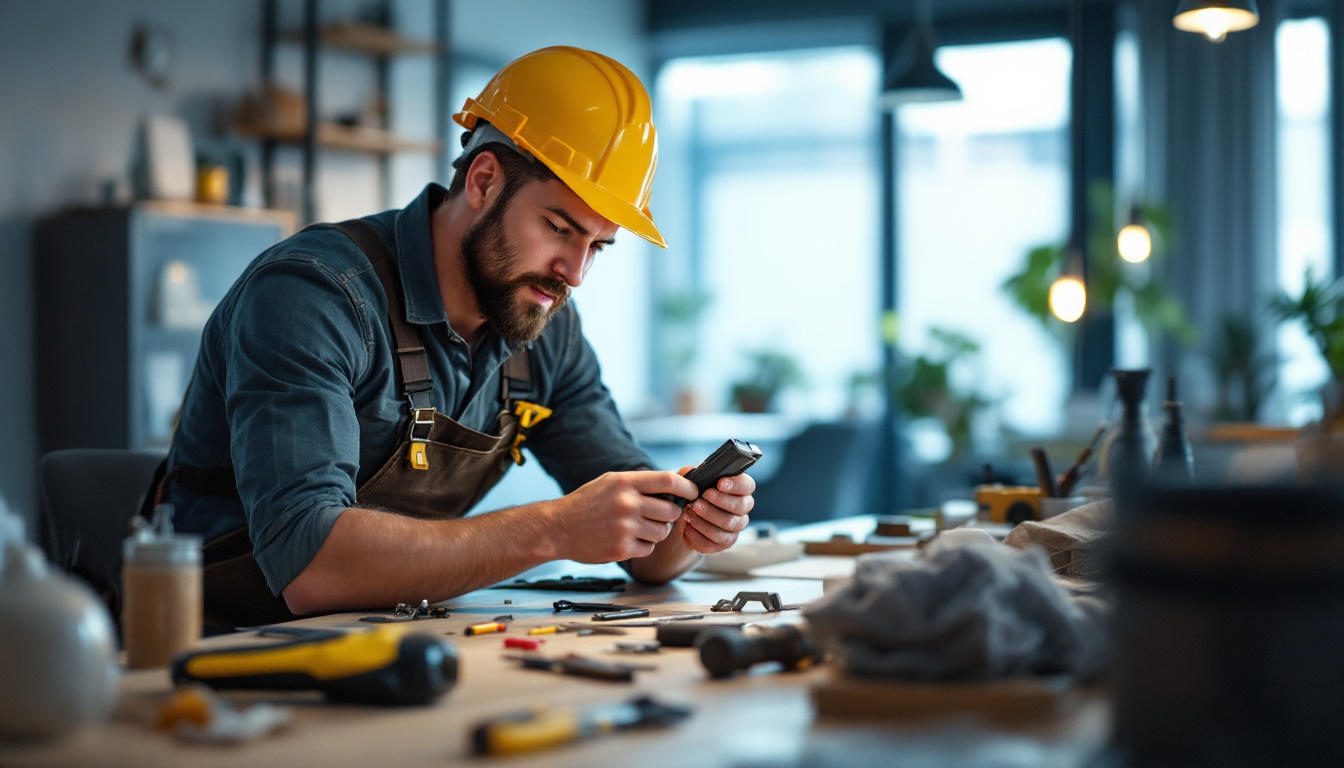 A photograph of a skilled lighting contractor installing or inspecting a modern electric socket in a well-lit