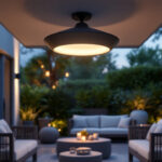A photograph of a beautifully designed outdoor ceiling light installed in an inviting outdoor space