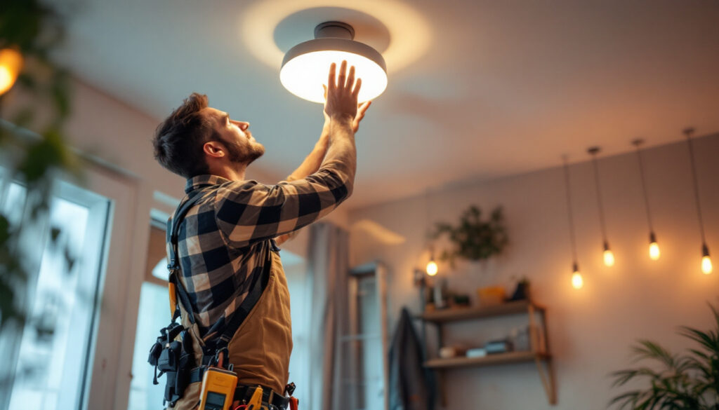 A photograph of a lighting contractor in action