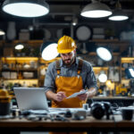A photograph of a lighting contractor analyzing various lighting options