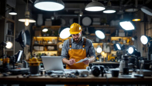 A photograph of a lighting contractor analyzing various lighting options