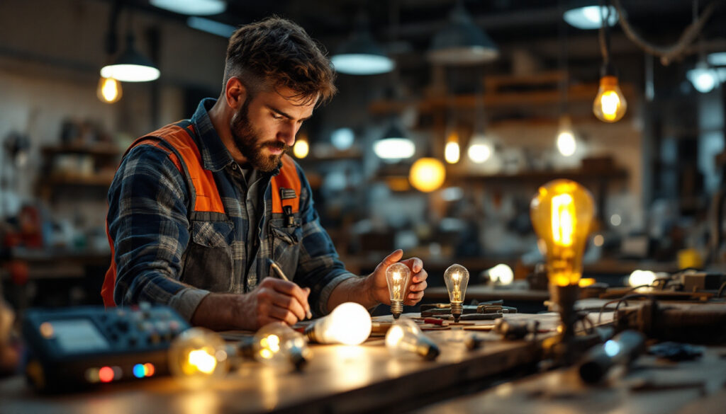 A photograph of a lighting contractor examining various types of type a light bulbs in a well-lit workshop