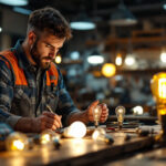 A photograph of a lighting contractor examining various types of type a light bulbs in a well-lit workshop
