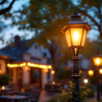 A photograph of a beautifully designed exterior lamp post illuminating a charming outdoor space