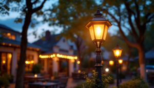 A photograph of a beautifully designed exterior lamp post illuminating a charming outdoor space