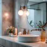 A photograph of a beautifully designed bathroom featuring a stylish bath vanity light in action