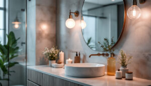 A photograph of a beautifully designed bathroom featuring a stylish bath vanity light in action