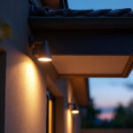 A photograph of a beautifully designed light fixture installed in the eaves of a home