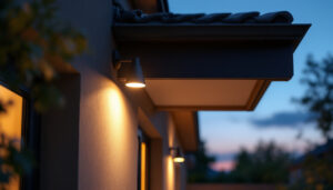 A photograph of a beautifully designed light fixture installed in the eaves of a home