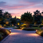 A photograph of a well-lit outdoor space showcasing various styles of flood lights in use