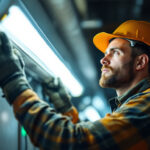 A photograph of a lighting contractor skillfully installing fluorescent bulbs in a commercial setting