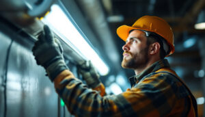 A photograph of a lighting contractor skillfully installing fluorescent bulbs in a commercial setting