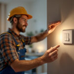 A photograph of a lighting contractor demonstrating the installation of a timer light switch in a modern home setting