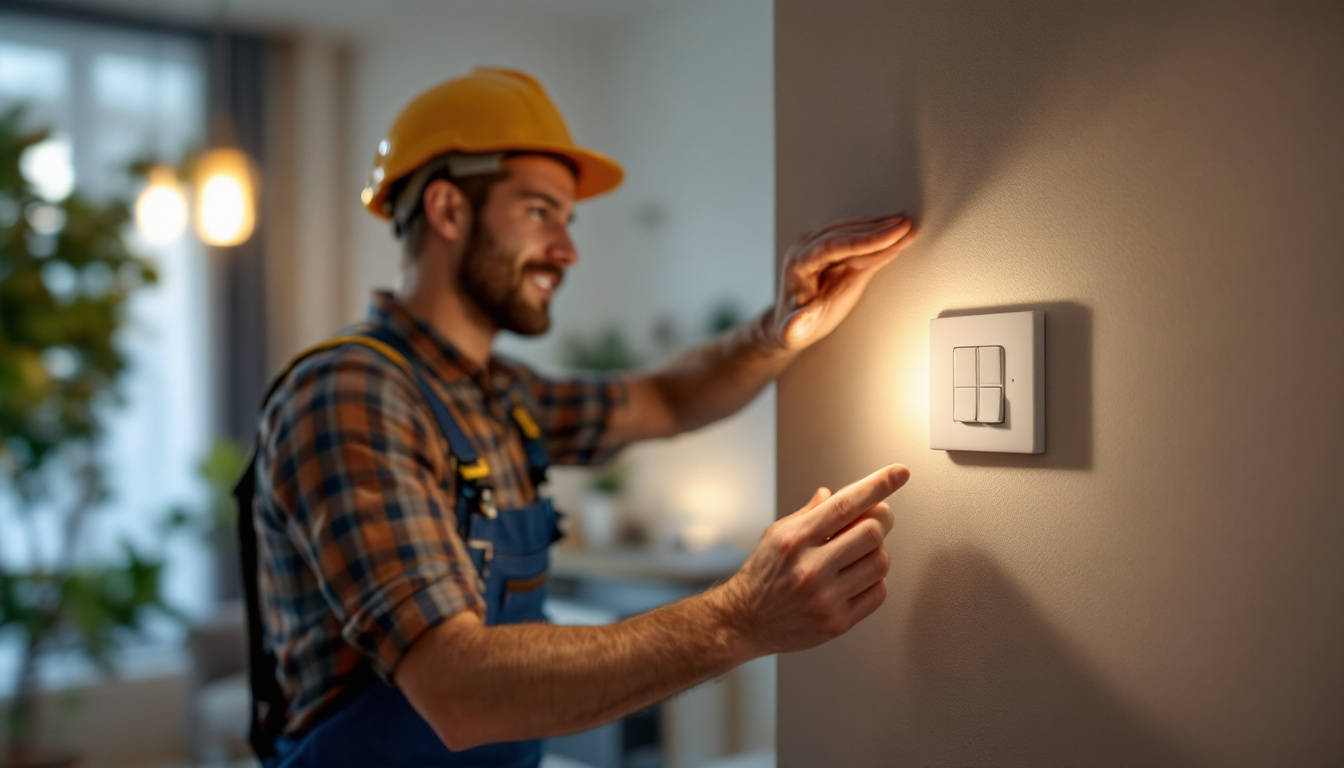 A photograph of a lighting contractor demonstrating the installation of a timer light switch in a modern home setting