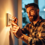 A photograph of a skilled lighting contractor installing a 3-way toggle switch in a stylishly lit room