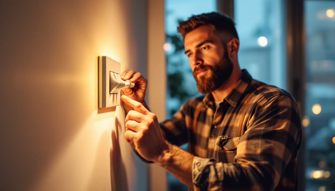 A photograph of a skilled lighting contractor installing a 3-way toggle switch in a stylishly lit room